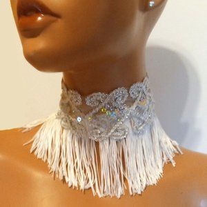 Silver Sequins & White Tassel Choker, Silver And White Necklace